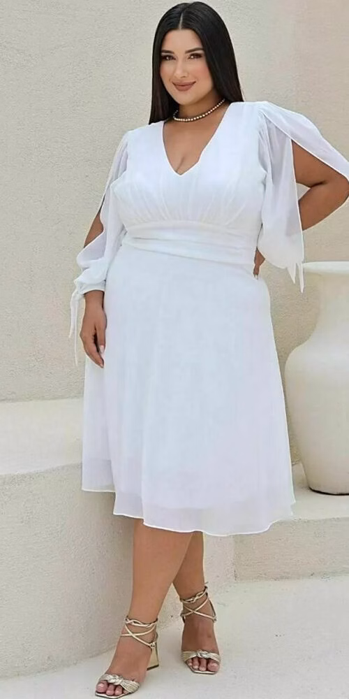 Vestido Midi Noiva Manga Longa Laço