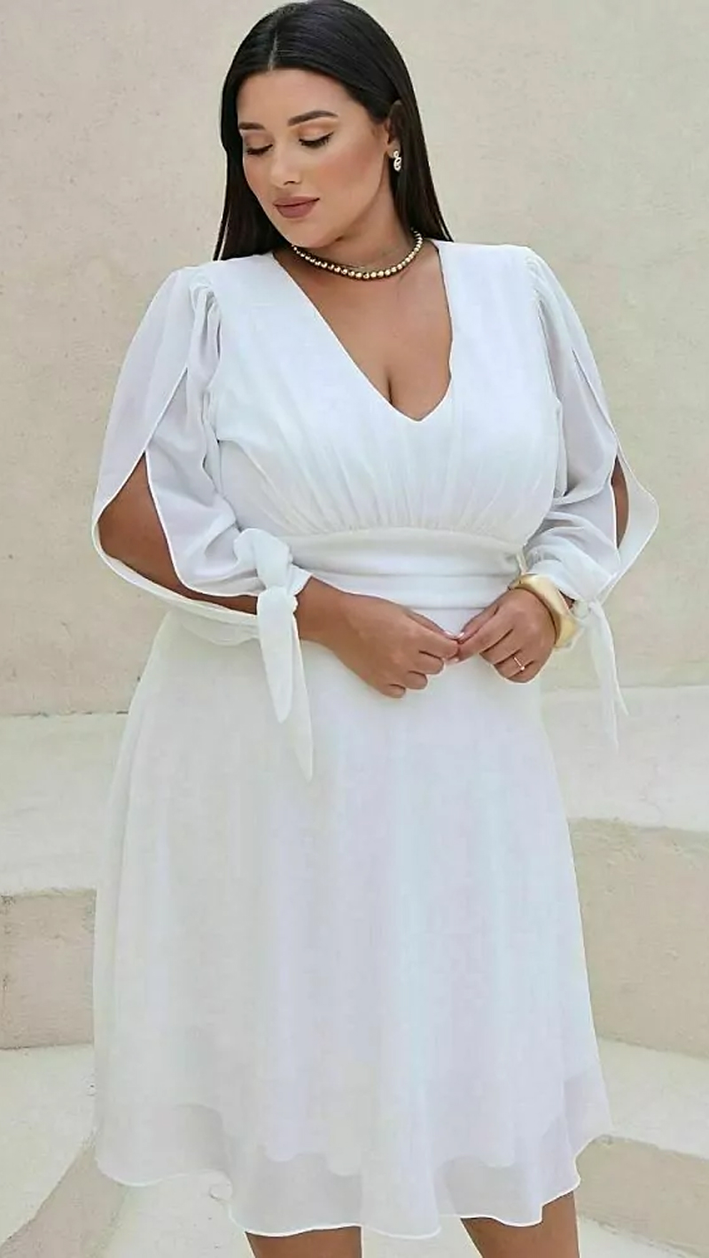 Vestido Midi Noiva Manga Longa Laço