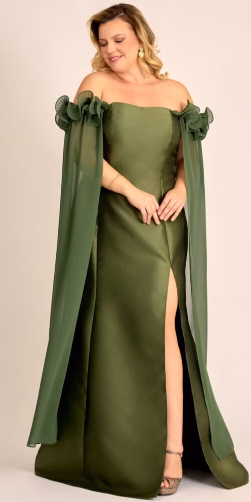 Vestido Festa Zibeline com Mangas Capa Removíveis Plus Size
