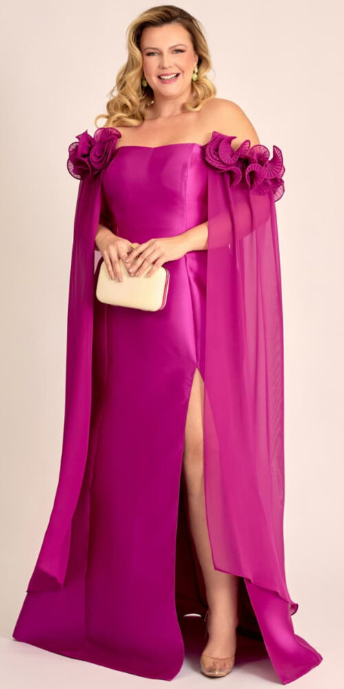 Vestido Festa Zibeline com Mangas Capa Removíveis Plus Size