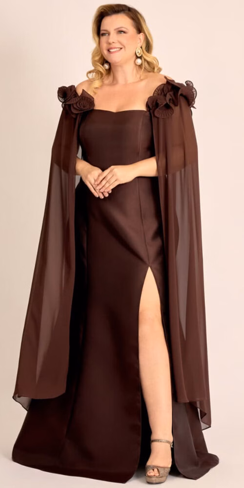 Vestido Festa Zibeline com Mangas Capa Removíveis Plus Size