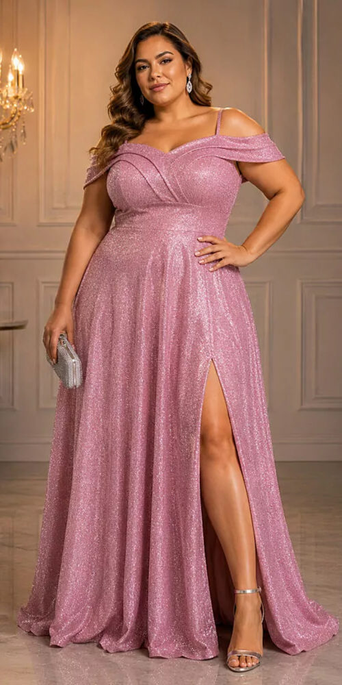 Vestido Plus Size Tule Glitter Ombro a Ombro de Festa