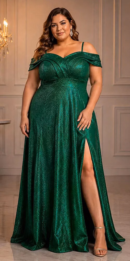 Vestido Plus Size Tule Glitter Ombro a Ombro de Festa