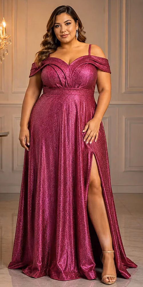 Vestido Plus Size Tule Glitter Ombro a Ombro de Festa