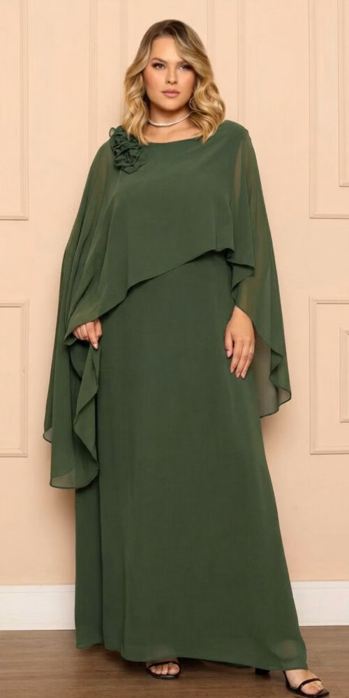 Vestido Festa Capa Assimetrica com Aplicação Plus Size