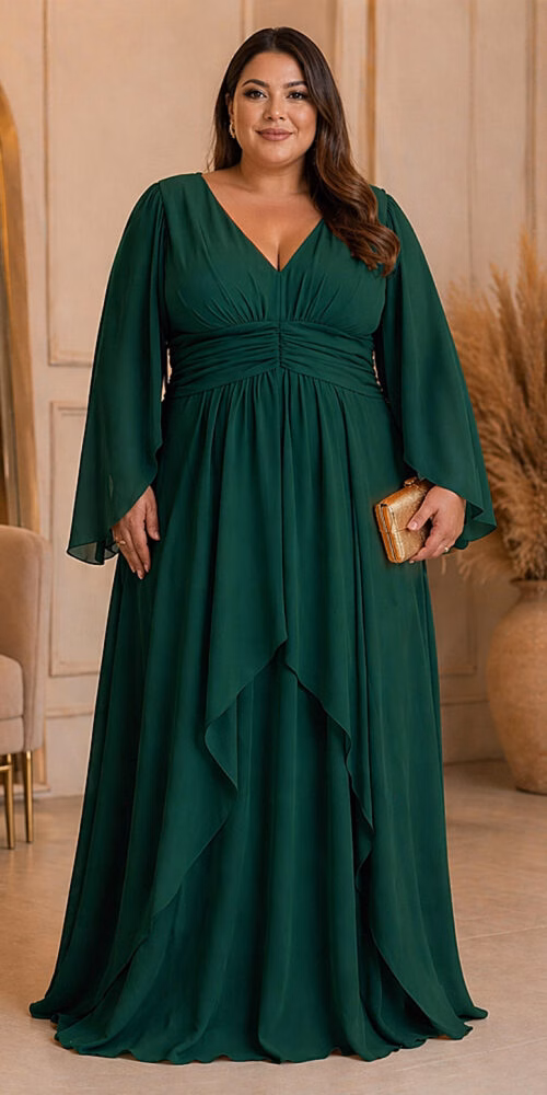 Vestido Plus Size Festa Manga Capa e Saia Dupla