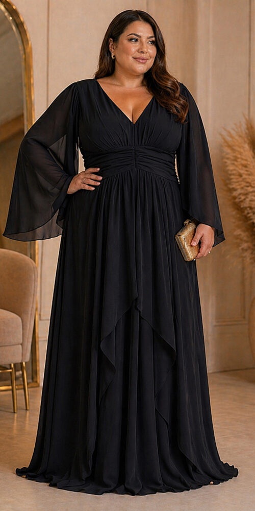 Vestido Plus Size Festa Manga Capa e Saia Dupla