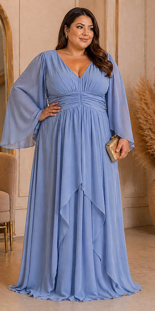 Vestido Plus Size Festa Manga Capa e Saia Dupla