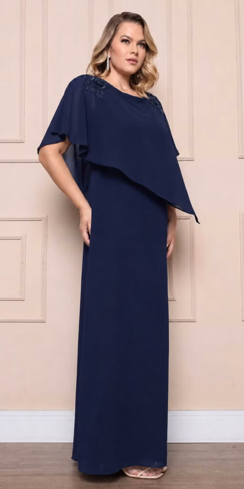 Vestido Festa Capa Assimétrica Aplicação Bordada Plus Size