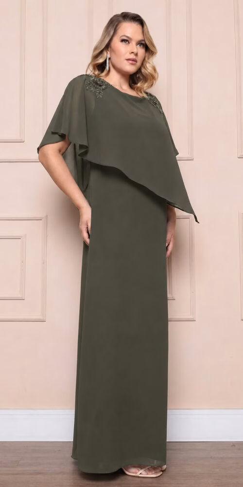 Vestido Festa Capa Assimétrica Aplicação Bordada Plus Size