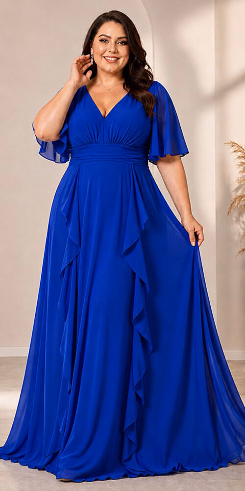 Vestido Festa Crepe Chiffon Detalhes Drapeados Plus SIze
