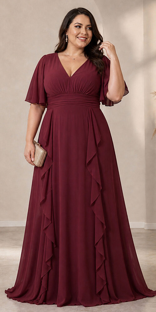 Vestido Festa Crepe Chiffon Detalhes Drapeados Plus SIze