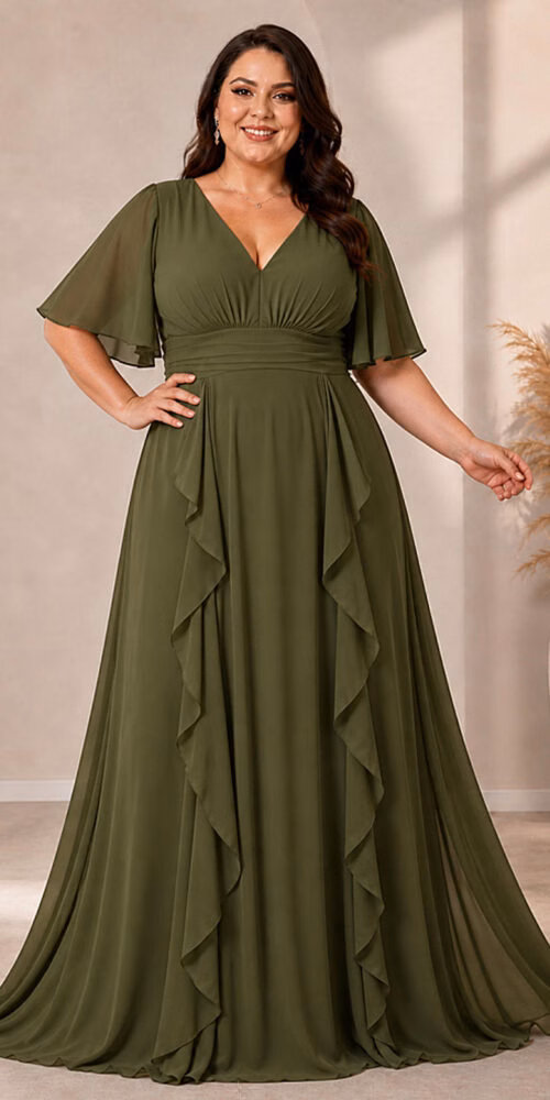 Vestido Festa Crepe Chiffon Detalhes Drapeados Plus SIze