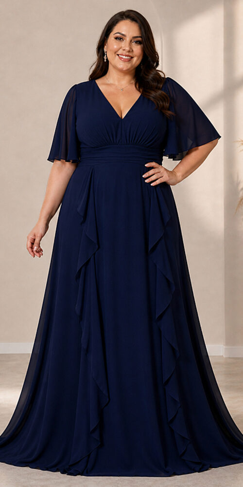 Vestido Festa Crepe Chiffon Detalhes Drapeados Plus SIze