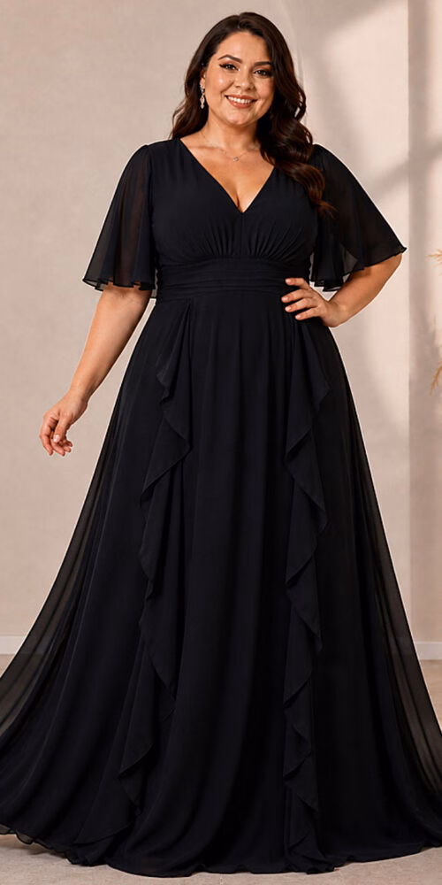 Vestido Festa Crepe Chiffon Detalhes Drapeados Plus SIze