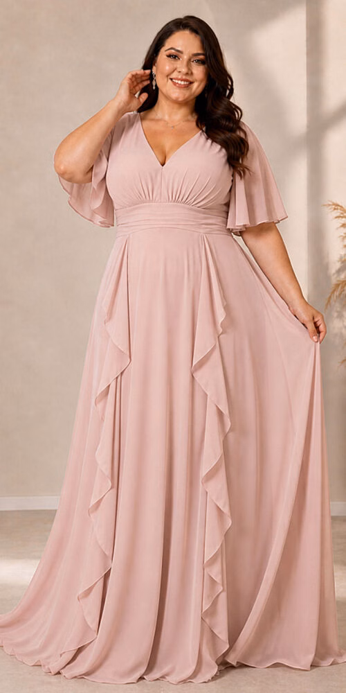 Vestido Festa Crepe Chiffon Detalhes Drapeados Plus SIze
