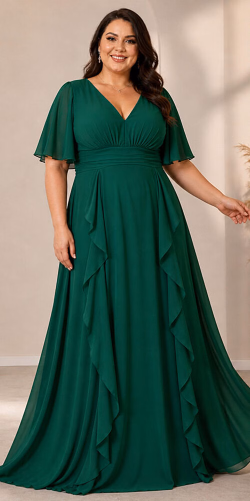 Vestido Festa Crepe Chiffon Detalhes Drapeados Plus SIze