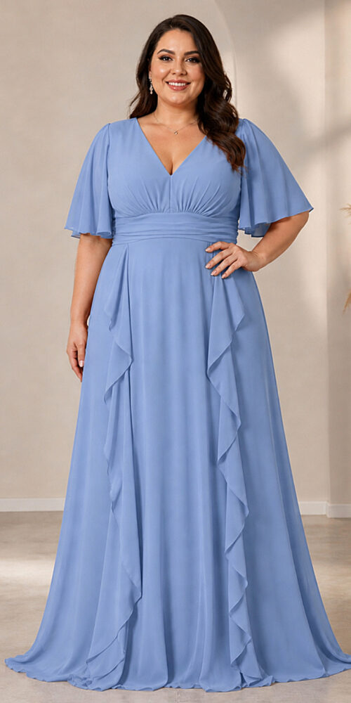 Vestido Festa Crepe Chiffon Detalhes Drapeados Plus SIze