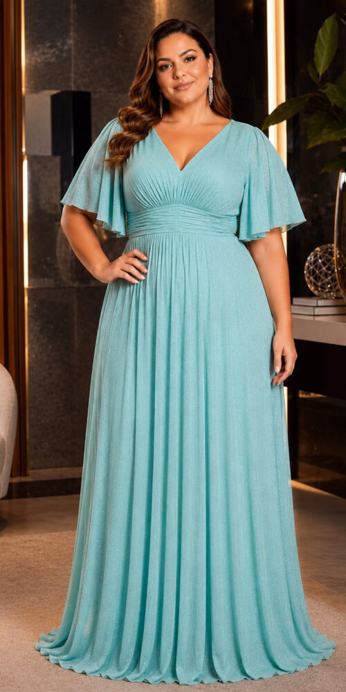 Vestido Festa Plus SIze Tule Gliterado Mangas 3/4